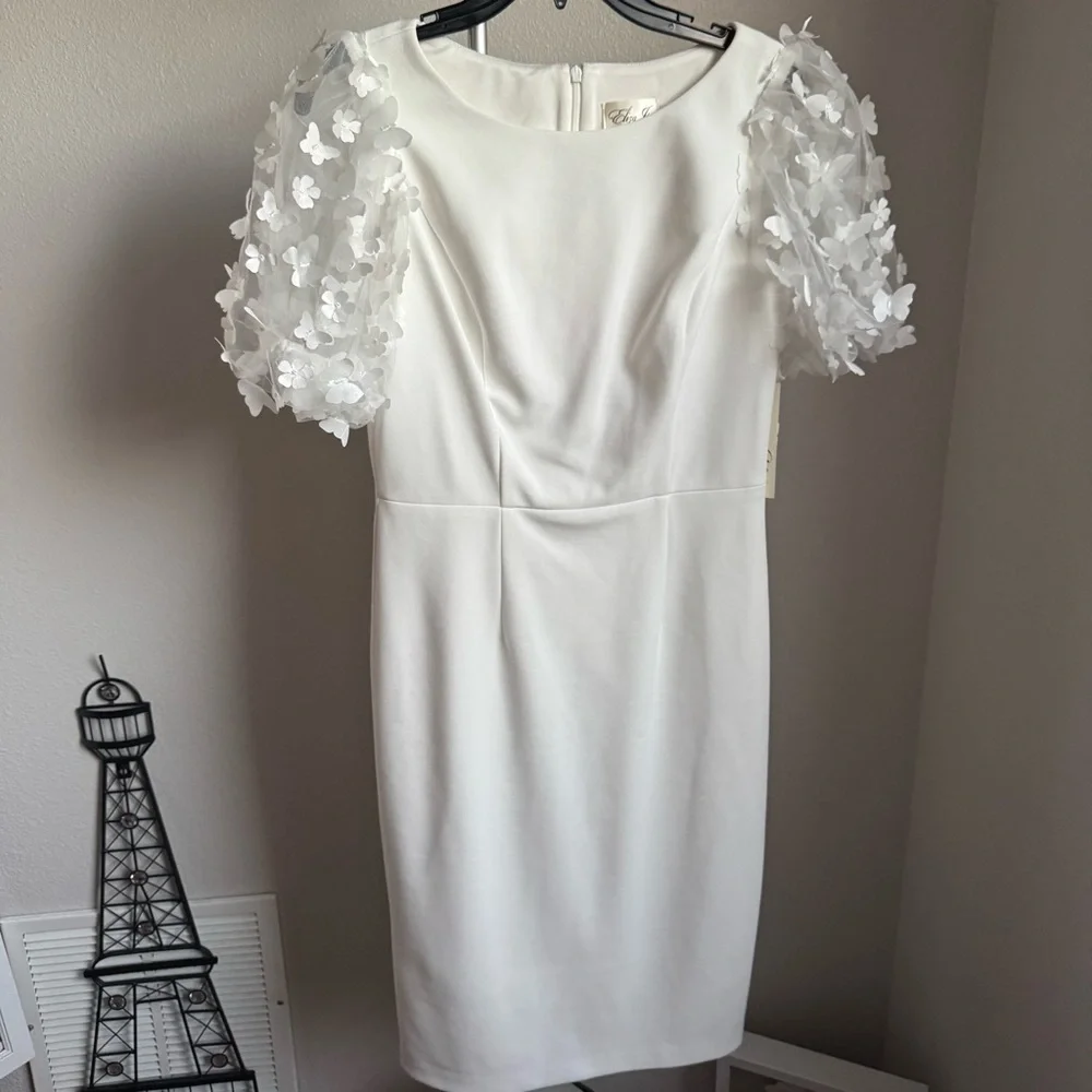 NWT ELIZA J 3d Applique Puff Sleeve Knee Length White Dress Sz 6 - Picture 8 of 13